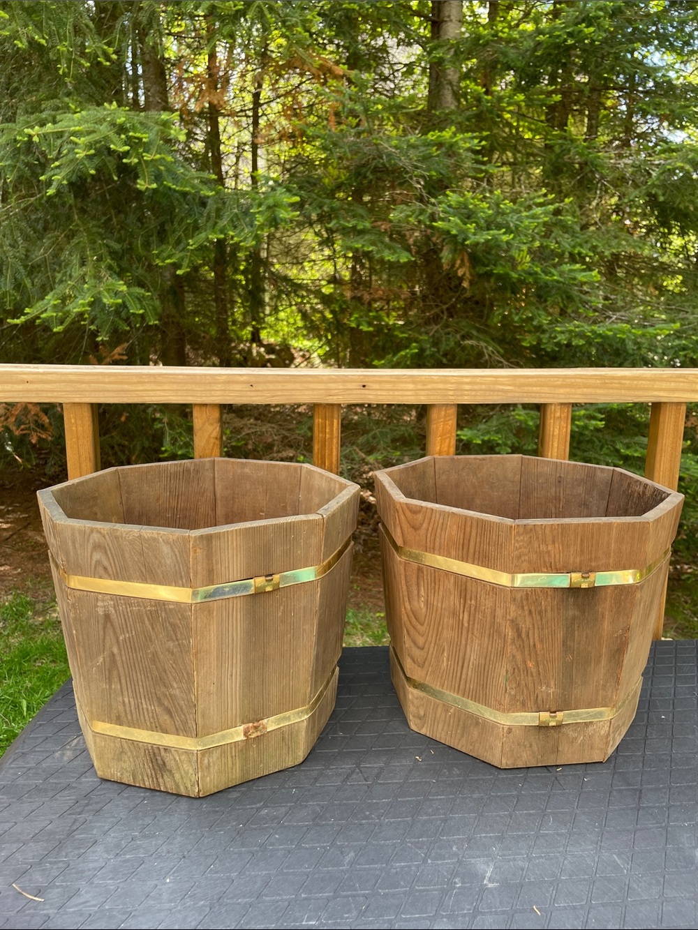 2 MCM Heath Wooden Wood Octagonal Barrel 8 Sided Planters Planter W Brass Bands